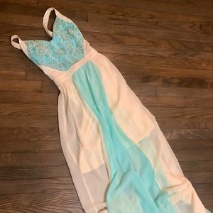 Formal Dress/ Maxi Dress Cream, Blue, and Gold.